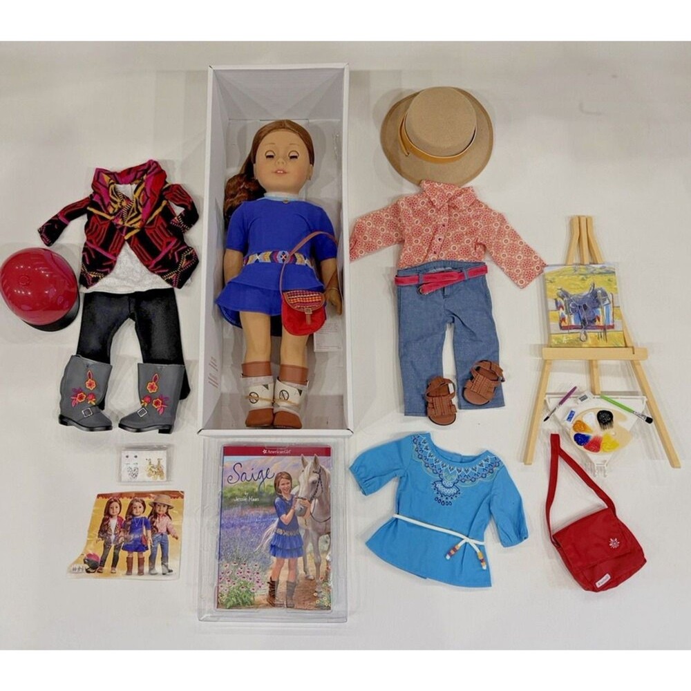 American Girl Saige 18" 2013 Doll COMPLETE w/ Book AND SEVERAL OUTFIT NEW